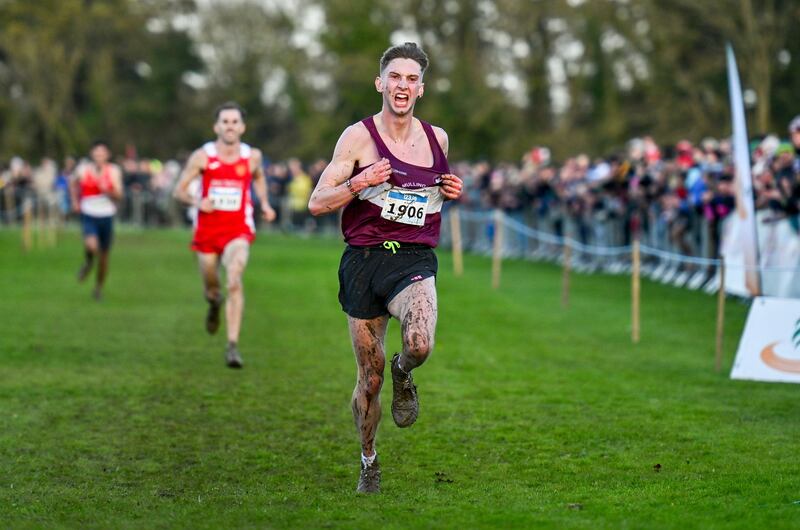 Cormac Dalton of Mullingar Harriers AC, Westmeath, celebrates on his way to winning the Mens' Senior 9000m during the NCAA cross-country championships in November at Gowran Demesne in Kilkenny. Photograph: Ben McShane/Sportsfile 