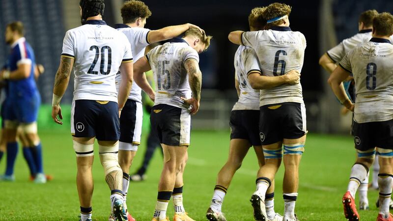 Scotland captain Stuart Hogg is consoled after his side’s defeat to France. Photograph: Ian Rutherford/PA.