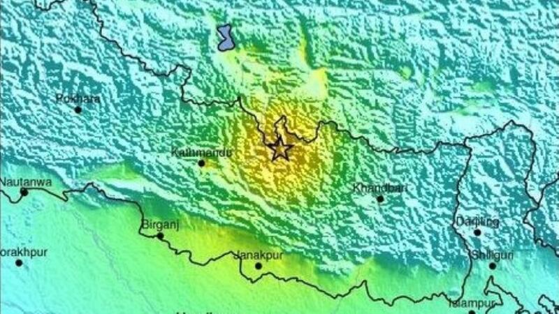 A shake map released by the US Geological Survey  showing the location of an earthquake 83 kilometres east of Kathmandu, near the Chinese border, with a magnitude of 7.4. EPA