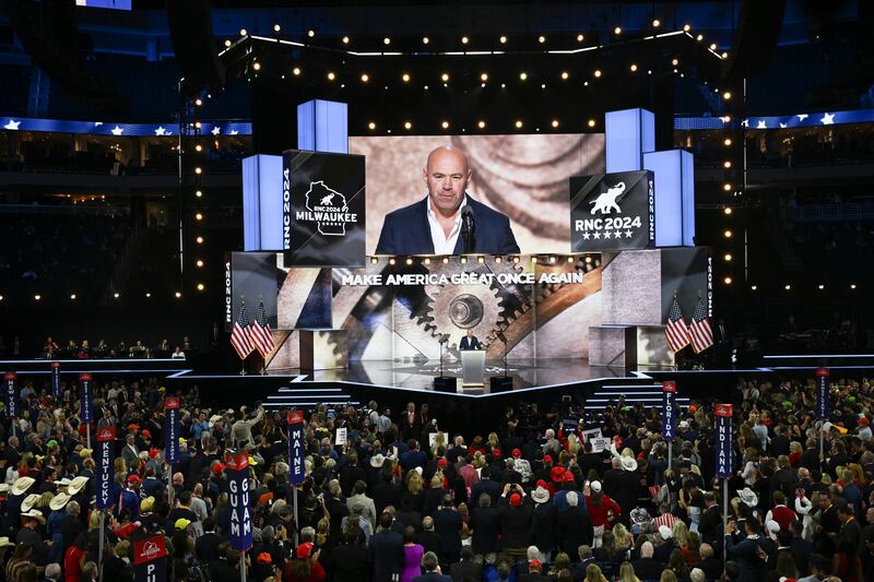 Dana White, the UFC chief executive, speaking on the fourth and final night of the Republican National Convention in Milwaukee. Photograph: Kenny Holston/New York Times