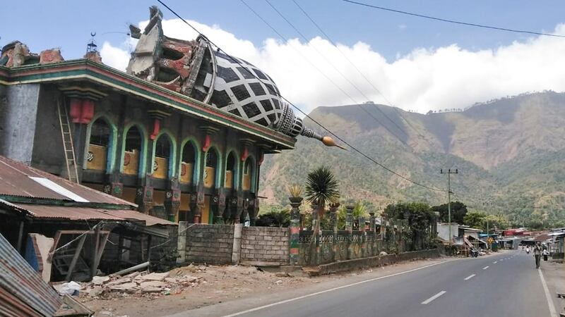 A collapsed mosque is seen after a 6.9-magnitude earthquake in Sembalun, Lombok, Indonesia. Photograph: STR/EPA