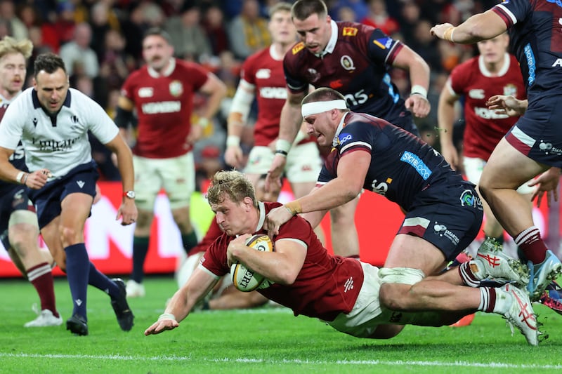 British and Irish Lion Jac Morgan scores a try against the Queensland Reds. Phootgraph: David Gray/AFP via Getty Images