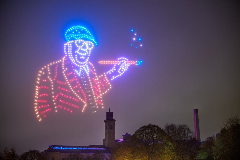 Illuminated drones create Self Portrait, 22nd November 2021, by David Hockney, in the sky above Bradford in 2025. Photograph: Christopher Furlong/Getty
