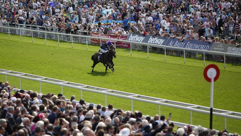 Pat Cosgrave riding Storm The Stars (left) battles it out with Bondi Beach and Joseph O’Brien on the way to winning the  Great Voltigeur Stakes  at York. Photograph: Alan Crowhurst/Getty Images