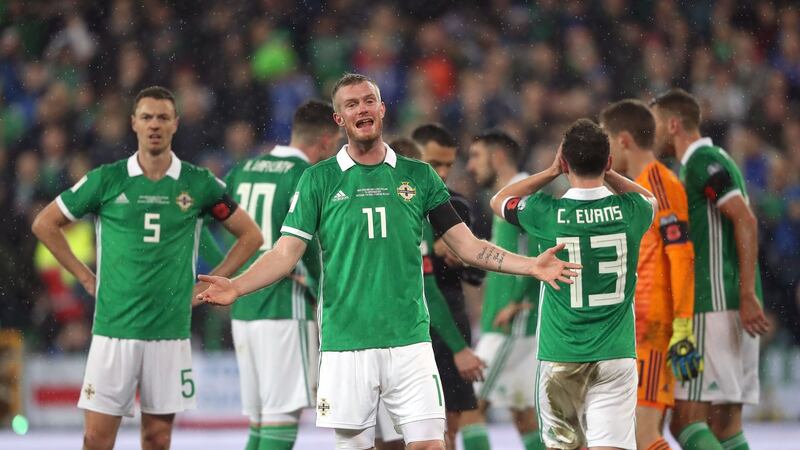 Northern Ireland’s Chris Brunt reacts after Corry Evans concedes a penalty against Switzerland. Photograph: Niall Carosn/PA