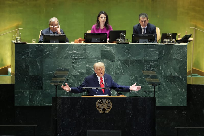 Donald Trump speaks at the United Nations General Assembly in New York City, during which he criticised countries for being climate conscious, among several other gripes. Photograph: Michael M Santiago/Getty Images