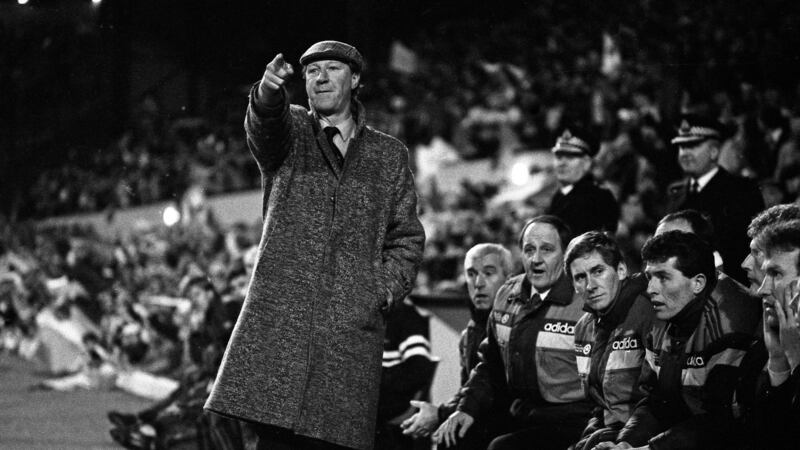 Republic of Ireland manager Jack Charlton  on the sideline during the  European Championship qualifier against Scotland at Hampden Park in Glasgow. Photograph: Billy Stickland/Inpho