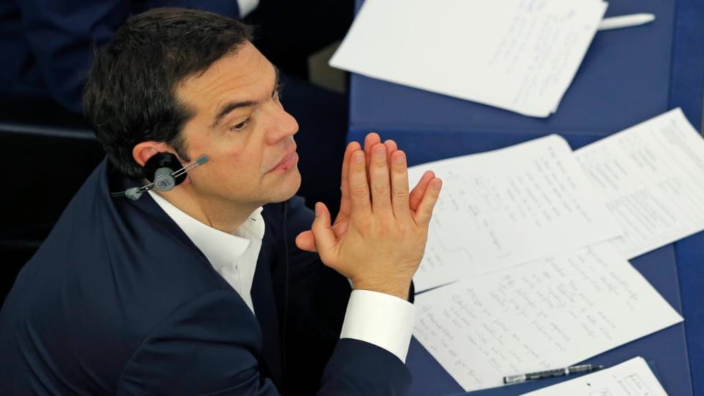 Greek prime minister Alexis Tsipras attends a debate on Greece at the European Parliament in Strasbourg on Tuesday. Photograph: Vincent Kessler/Reuters