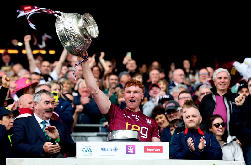 Westmeath captain Ronan Wallace lifts the Delaney Cup after their win over Dublin at Croke Park. Photograph: James Crombie/Inpho