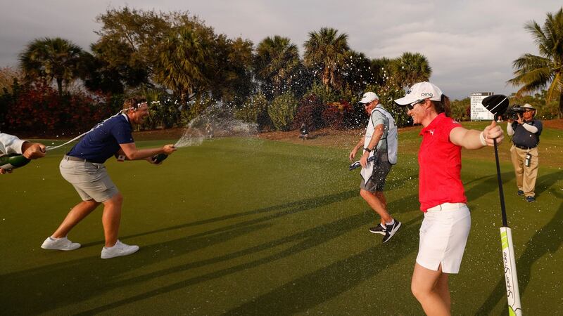 Leona Maguire celebrates her maiden LPGA Tour victory. Photograph: Douglas P DeFelice/Getty