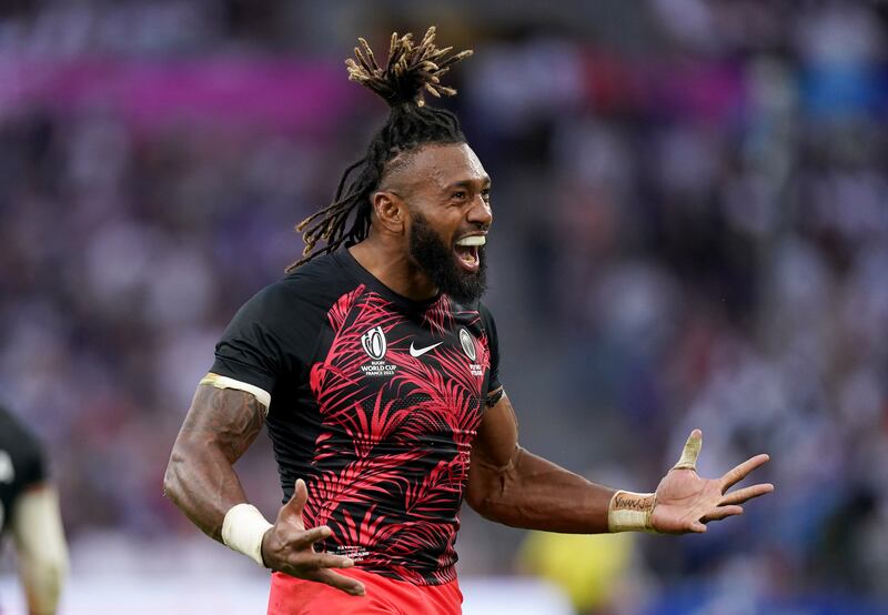 Fiji's Waisea Nayacalevu celebrates during his side's quarter-final against England. Photograph: Mike Egerton/PA Wire.
