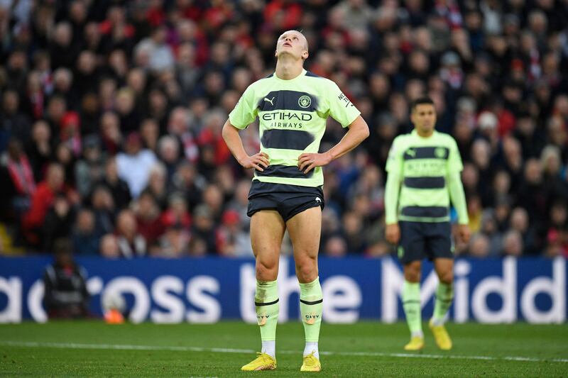 Manchester City's Norwegian striker Erling Haaland reacts after losing to Liverpool. Photograph: Oli Scarff/AFP via Getty