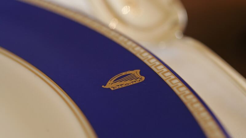 The official harp symbol on a dinner plate at Áras an Uachtaráin. The harp’s unifying credentials remain impeccable and would surely feature as part of any new Irish flag.  Photograph: Frank Miller/The Irish Times.