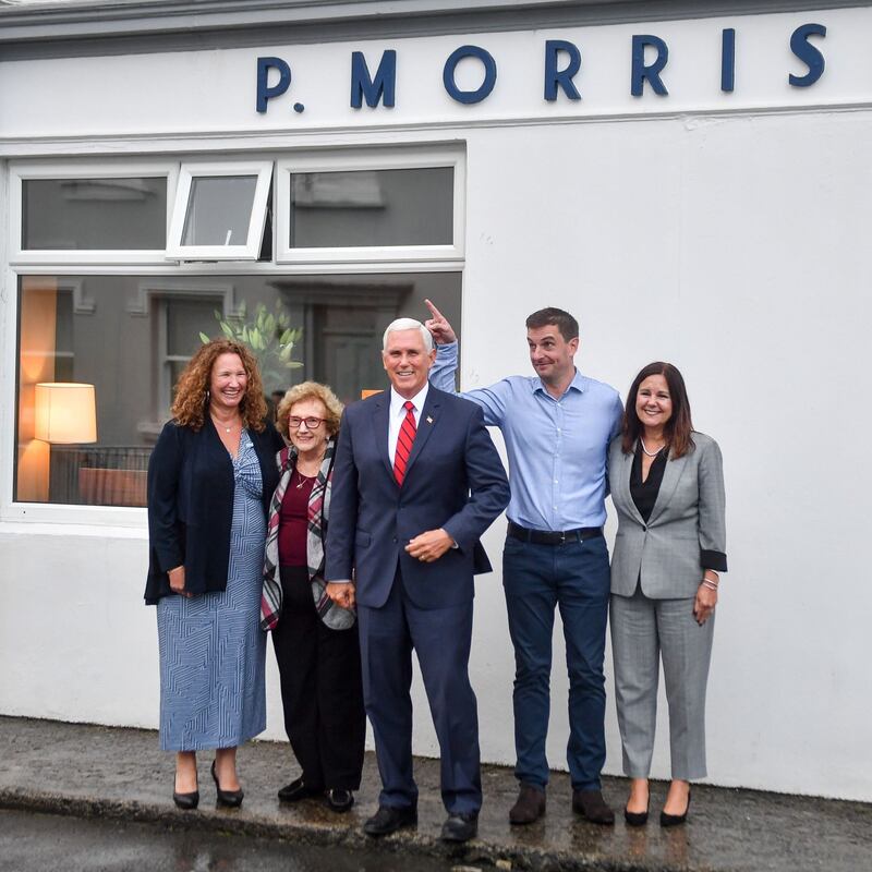 Mike Pence outside Morrisey’s, a seafood restaurant in Doonbeg, with his sister Anne (left), his mother, Nancy, Morrisey’s owner Hugh McNally and second lady Karen Pence (right). Photograph: Jacob King/PA Wire