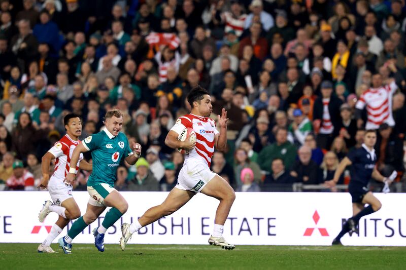 Japan's Taira Main on his way to scoring a try against Ireland in last Saturday's Nations Championship match in Newcastle, Australia. Photograph: David Gray/AFP via Getty Images
