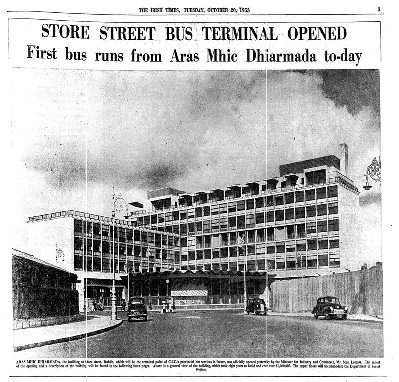 Pages from The Irish Times edition of October 20th, 1953 covering the opening of Busáras