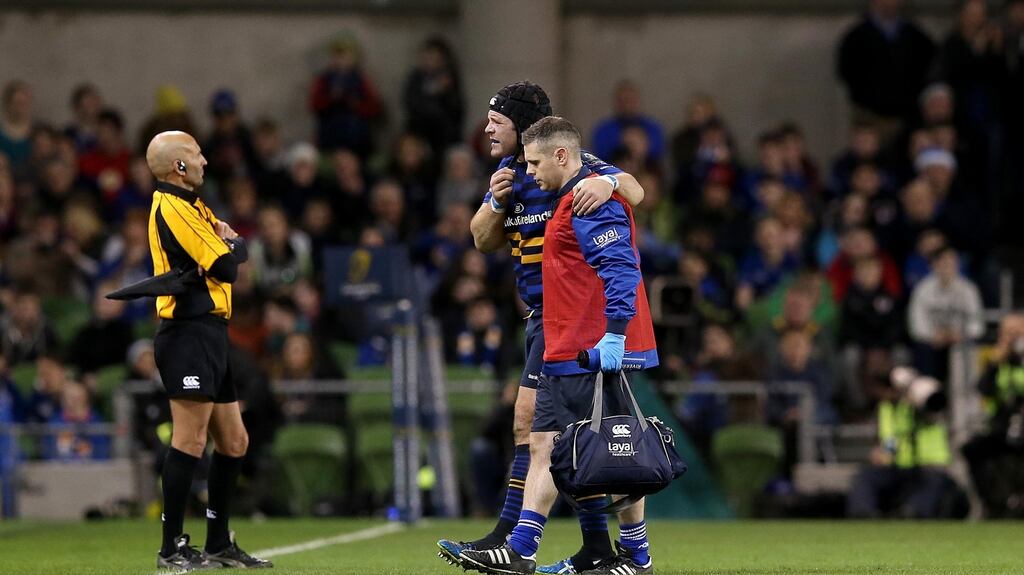 Leinster’s Mike Ross goes off injured during the Champiosn Cup game against Toulon at the Aviva Stadium. Photograph:  Ryan Byrne/Inpho