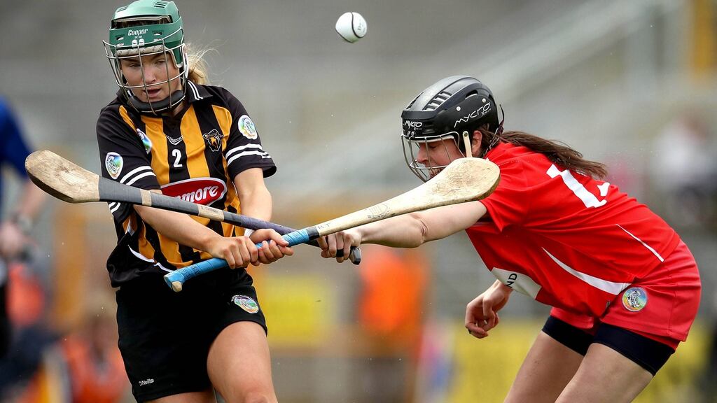 Kilkenny’s Michelle Teehan and Orla Cotter of Cork in action during the Littlewoods Ireland Camogie League Division One Final at Nowlan Park. Photograph: Ryan Byrne/Inpho