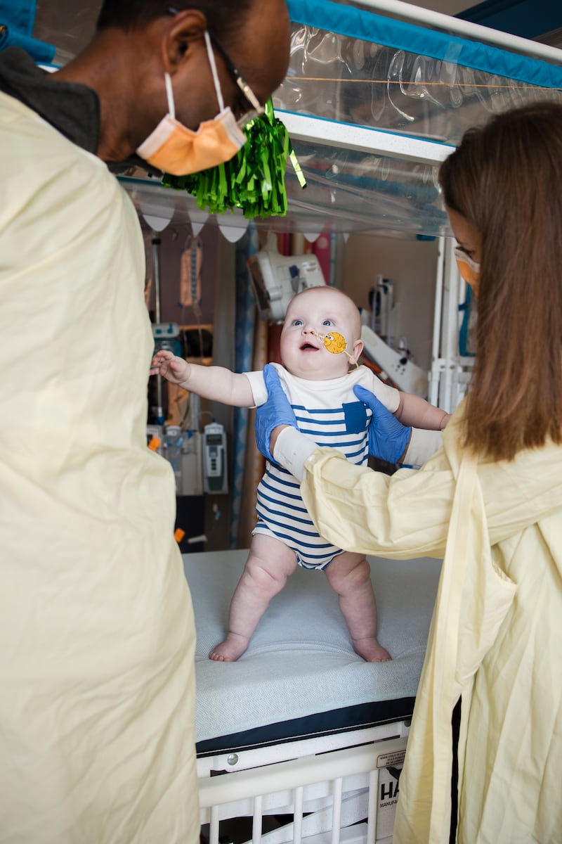 An image from Children's Hospital of Philadelphia shows KJ is now well enough for the team to start planning to discharge him from the hospital and live at home, and he is meeting developmental milestones.