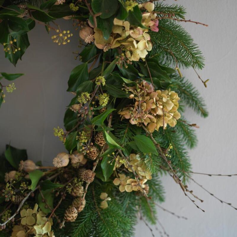Christmas wreath: I’ve used dried hydrangea flowers, the ornamental seed -heads of opium poppies, evergreen conifer branches, birch twigs, larch branches with cones attached and seeded wild ivy. Photograph: Richard Johnston