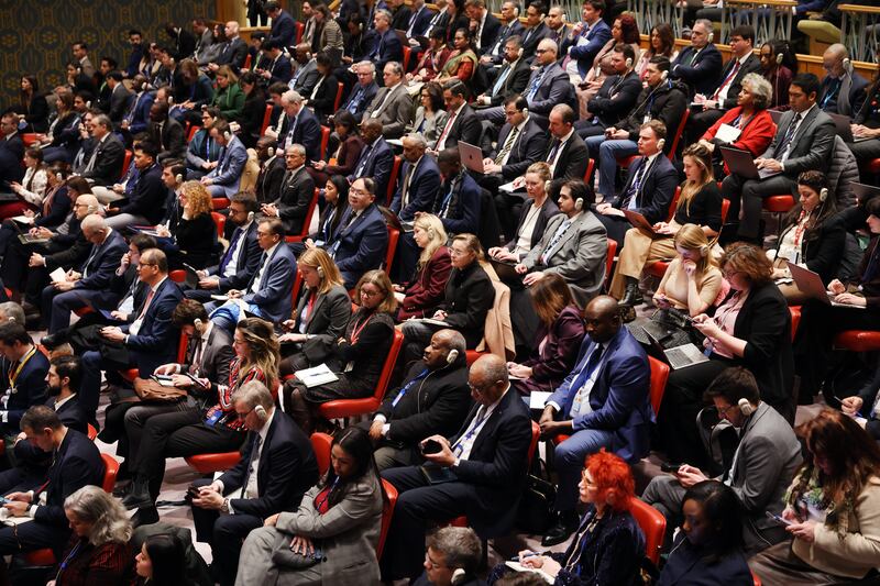Diplomats and foreign representatives gather for a Security Council meeting at the United Nations headquarters concerning the US incursion in Venezuela on Monday in New York City. Photograph: Spencer Platt/Getty