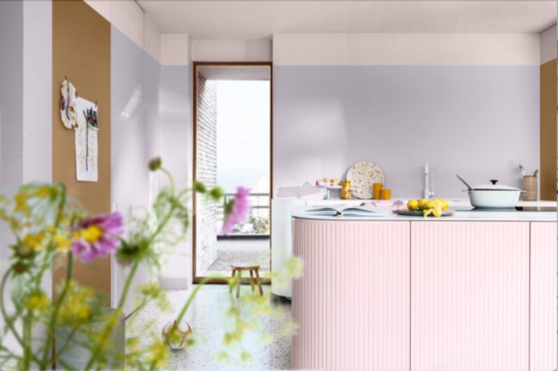 The colour Pink Sandstone, or an earth tone like Copper Glow to create a warm colour palette