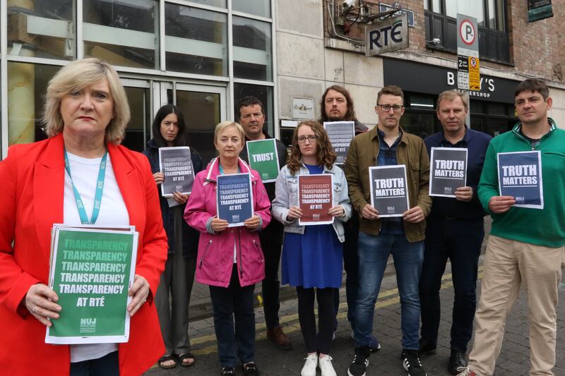 Cathy Halloran,  Aine Gallagher, Eleanor Penny, Linda McGlynn, Peter O'Connell, Patrick Lynch, Niall Carroll and Ronan Lawlor and Eoin O'Kelly,  attending the  RTE and Lyric FM  Protest at RTE Studios in Limerick  Picture Brendan Gleeson