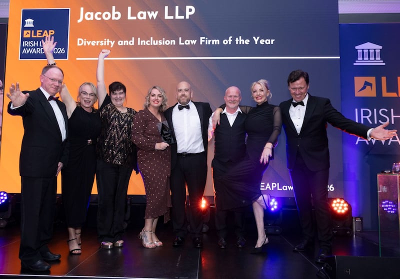 Richard Hammond, solicitor and partner at Hammond Good and chair of the judging panel of the Leap Irish Law Awards; Linda Branagan, solicitor at Jacob Law; Marianne Reynolds, practice manager at Jacob Law; Jenny and Steven Jacob, solicitor partners and founders at Jacob Law; Damian Woods, solicitor partner at Jacob Law; Rachel Woods, business development manager at Jacob Law; and Anton Savage, MC of the night. Photograph: Paul Sherwood