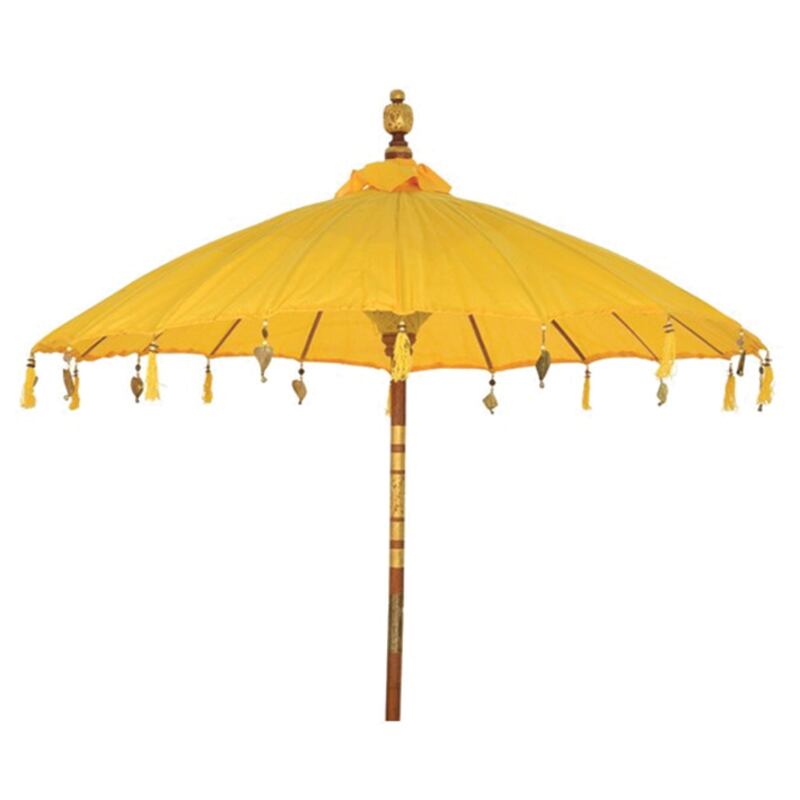 This Balinese-inspired decorative cotton design featuring gold metal ornaments is available from The Orchard