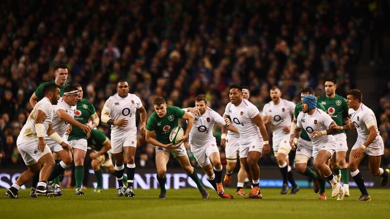 Ireland’s Garry Ringrose looks for some space during the Six Nations match against England at the Aviva stadium. Photograph: Clodagh Kilcoyne/Reuters