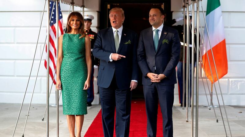 US President Donald Trump and first lady Melania Trump welcome Taoiseach Leo Varadkar  at the White House. Photograph: Jonathan Ernst/Reuters