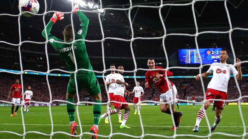Zlatan Ibrahimovic scores the winner for Manchester United in the 2017 League Cup final against Southampton. Photograph: Michael Steele/Getty