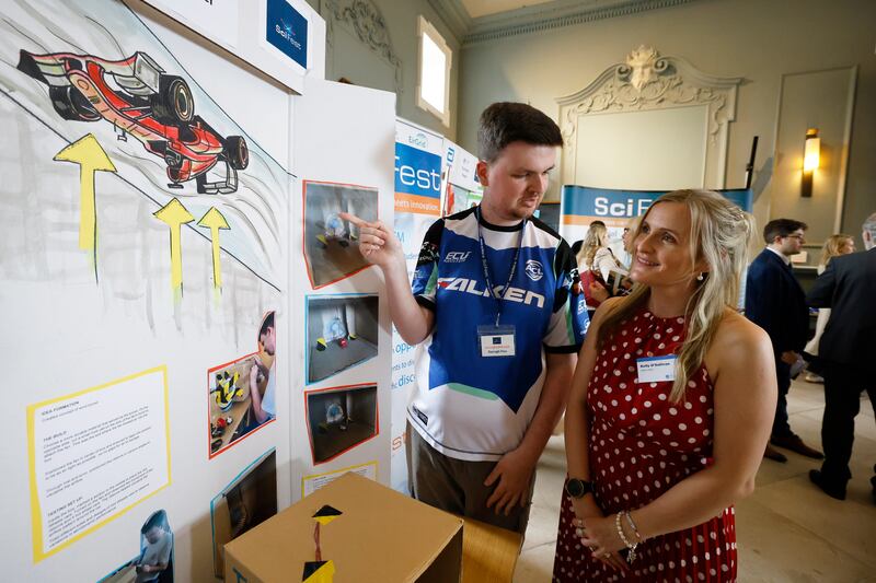 Darragh Finn, and his project the wheeling wind tunnel, with his project mentor Kelly O’Sullivan from Abbott.  Photograph Nick Bradshaw for The Irish Times