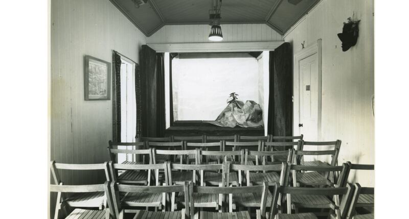 Interior of the fifty-seater studio theatre, 1950s. Cushions probably essential. Cinema seats were later substituted. Photo from the Lyric archive at University of Galway.
