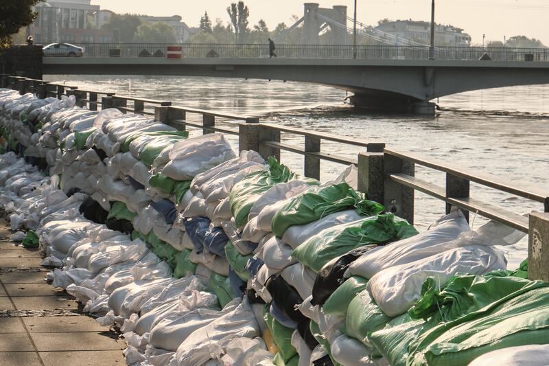 Sand bags line the banks of the Oder river in central Wroclaw, Poland, on Thursday. Photograph: Bartek Sadowski/Bloomberg