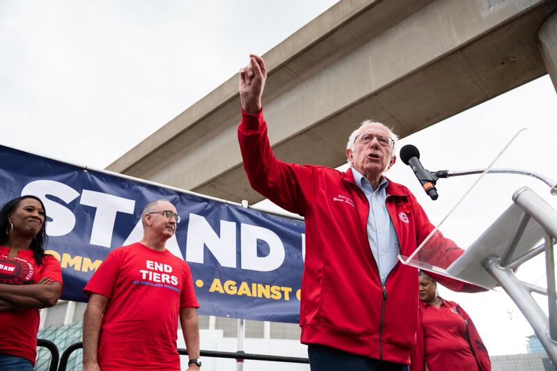 Senator Bernie Sanders addressing striking autoworkers at a rally in downtown Detroit in September 2023. Photograph: Cydni Elledge/The New York Times
                      