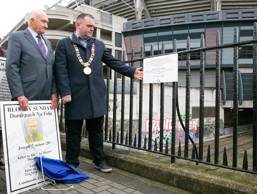 Michael Nelson nephew of Joseph Traynor (19) who died on Bloody Sunday with (right) Lord Mayor of Dublin Daithí de Róiste during the official naming of "Bloody Sunday Bridge" over the Royal Canal at Russell Street, Dublin. Photograph: Gareth Chaney/Collins