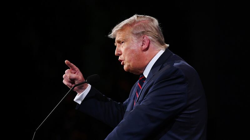 US president Donald Trump makes a point. Photograph: Olivier Douliery/Pool