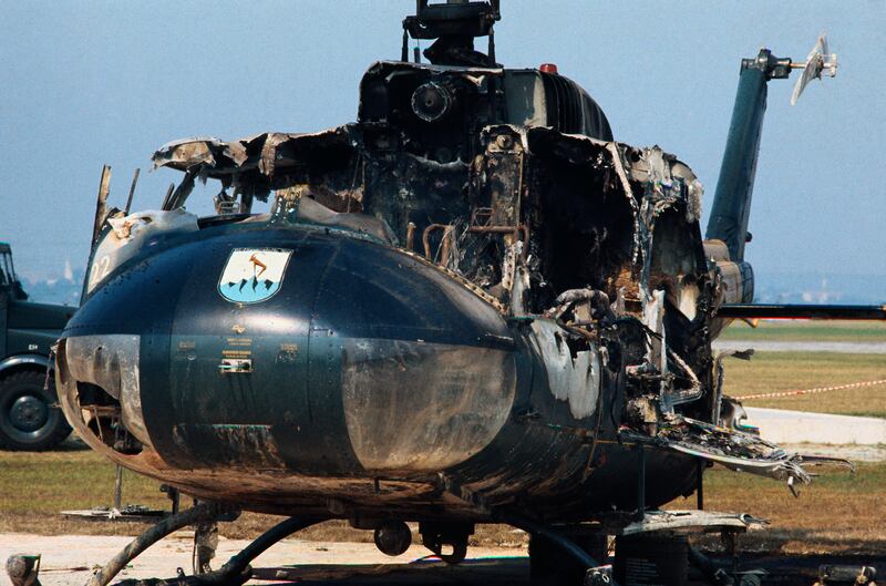 A bullet-riddled West German border police helicopter damaged in a shoot-out between German forces and the terrorists at Nato airbase Fürstenfeldbruck