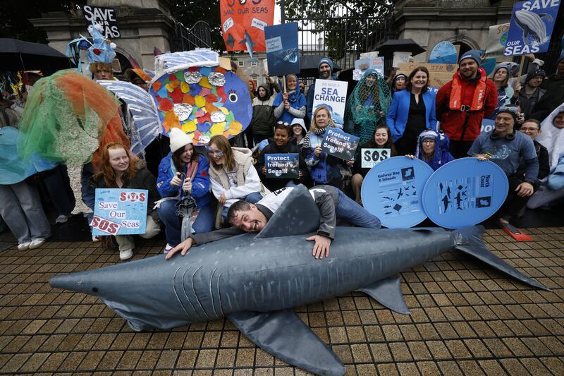 Christy O'Brien lies on a model of a basking shark during the Fair Seas rally at the Dáil on Wednesday. Photograph: Nick Bradshaw