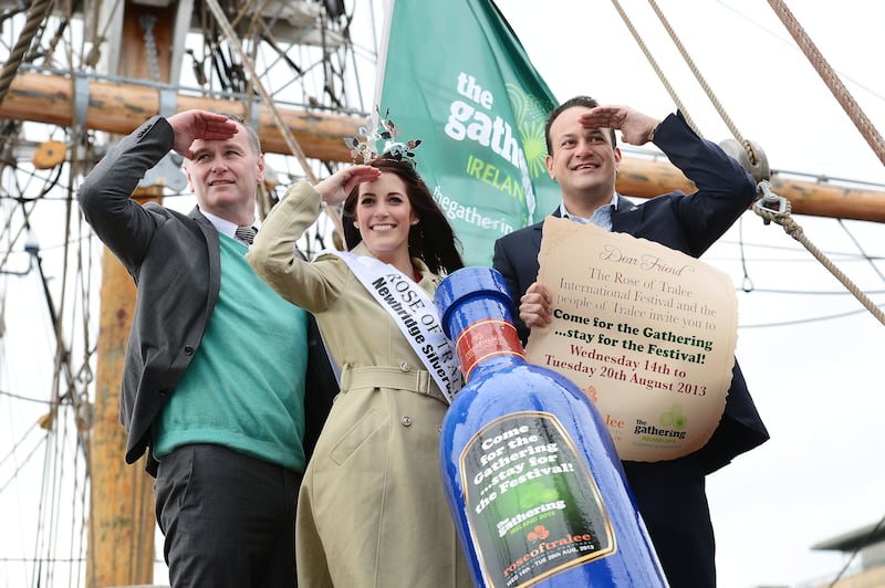 RTÉ's Dáithí O'Sé, 2012 Rose of Tralee Nicola McEvoy and Leo Varadkar, then minister for transport, tourism and sport, on board a replica Famine ship for the Gathering. Photograph: Alan Betson / The Irish Times 