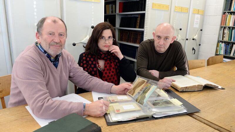 Críostóir Mac Cárthaigh,  Dr Deirdre Nuttall   and David Woods at the National Folklore Collection UCD Belfield. Photograph: Eric Luke