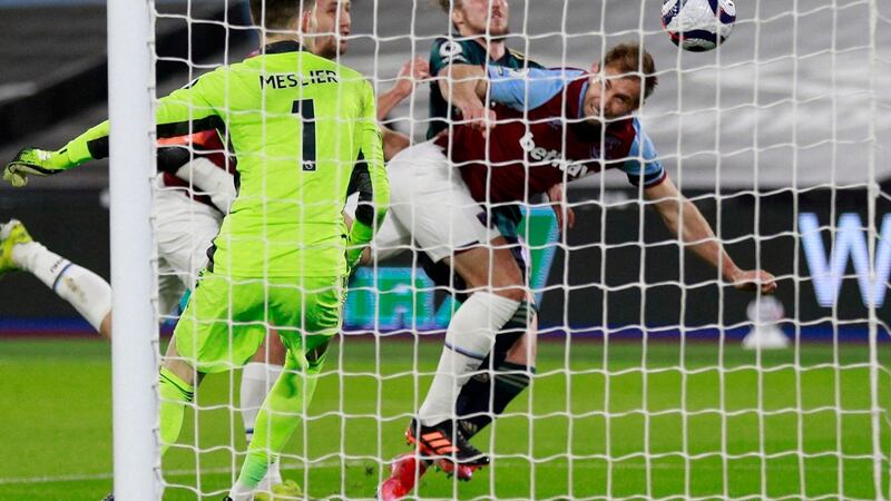 Craig Dawson scores West Ham’s second against Leeds. Photograph: Ian Walton/Getty/AFP