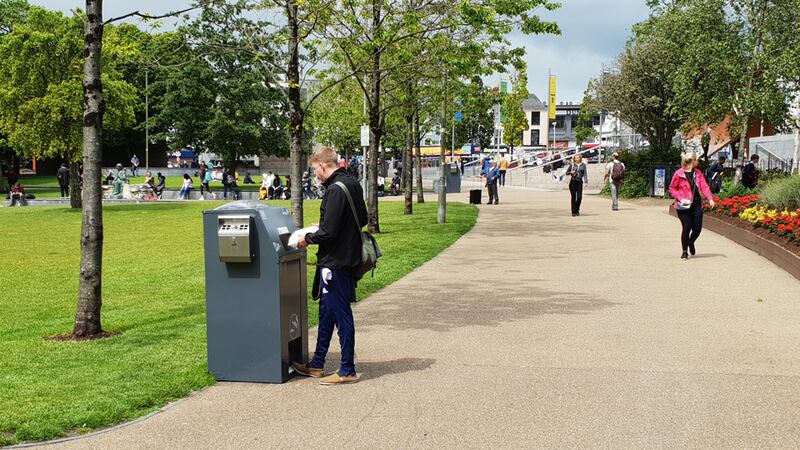 PEL BriteBinTM Installed in Eyre Square Co. Galway being used, BriteBins are available in various sizes to suit the demand and need for each individual customer. Imagery owned by PEL.