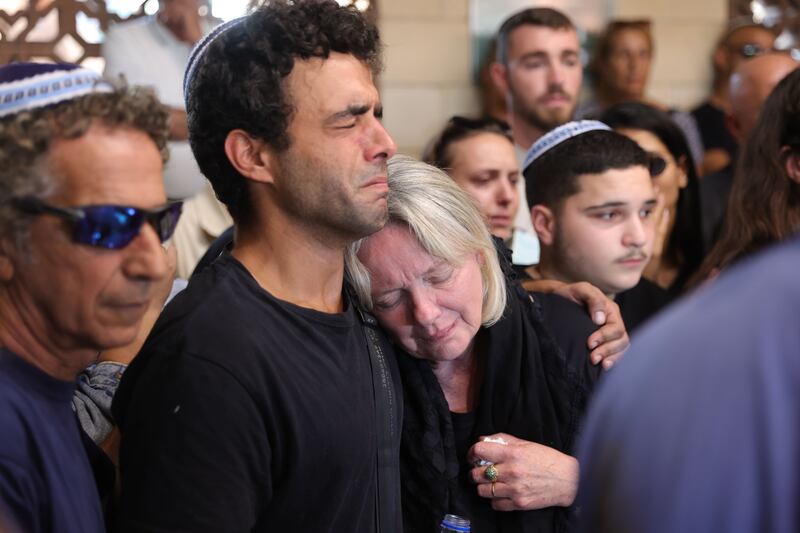 Jennifer Damti, mother of 22-year-old Israeli-Irish woman Kim Damti, mourns during her funeral at a cemetery in Gedera, Israel. Kim Damti was one of the hundreds killed by Hamas militants when they infiltrated a music festival near the border with Gaza. Photograph: Abir Sultan/EPA-EFE