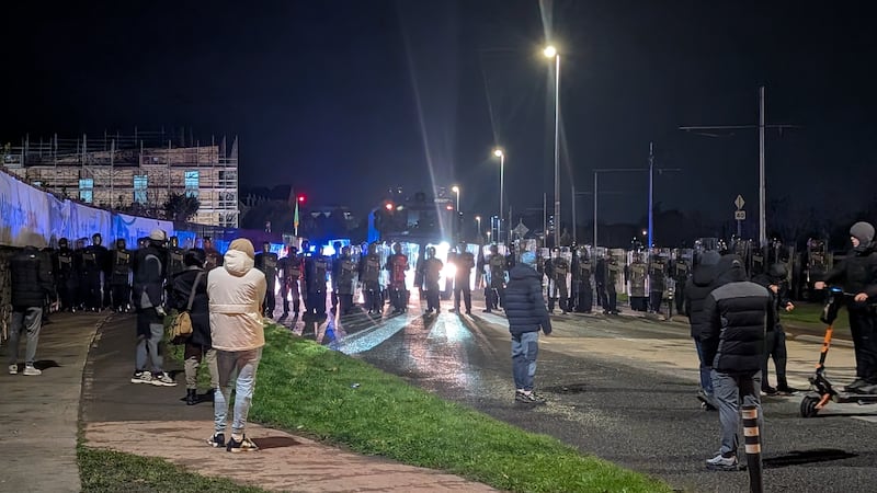Gardaí block protesters in Saggart. Photograph: Cillian Sherlock/PA Wire