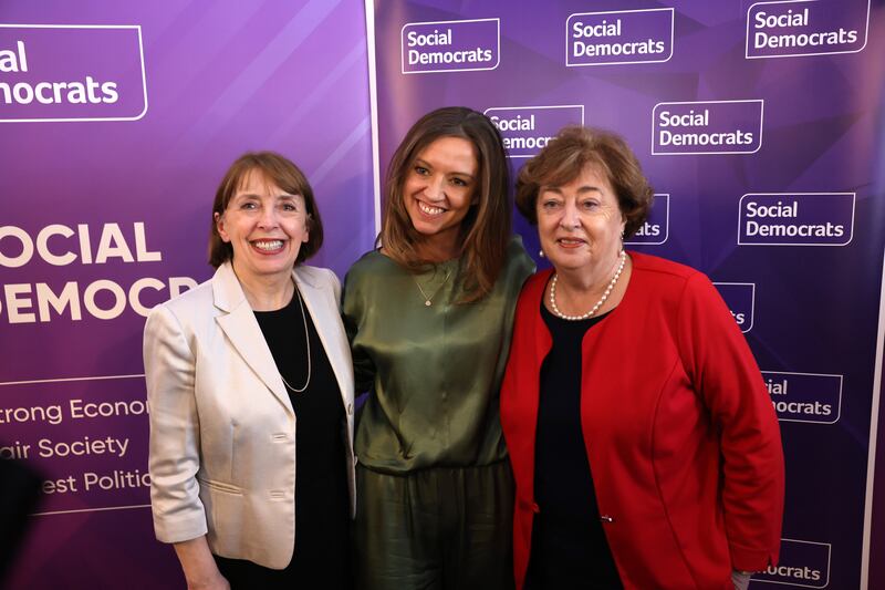 
Holly Cairns with Róisín Shortall (left) and Catherine Murphy (right), after she delivered her maiden speech as leader of the Social Democrats to  party members in Dublin.
Photograph: Dara Mac Dónaill 







