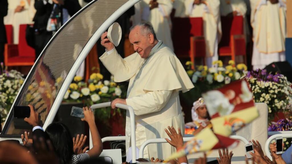 Pope Francis arrives to attend a canonisation Mass for Joseph Vaz at Galle Face Green in Colombo, Sri Lanka. Photograph: Buddhika Weerasinghe/Getty Images