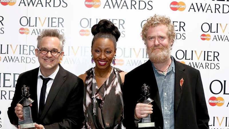 Martin Lowe and Glen Hansard (right) with their Outstanding Achievement in Music award with award presenter Beverley Knight  at the Laurence Olivier Awards at the Royal Opera House   in London. Photograph:  Tim P Whitby/Getty Images