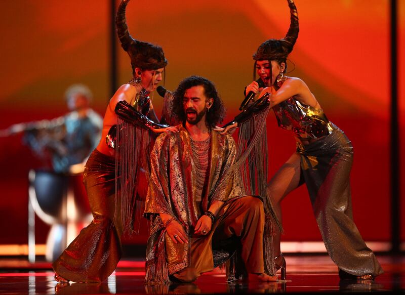 Pasha Parfeni does his thing for Moldova in a rehearsal for tonight's Eurovision semi-final in Liverpool. Photograph: Adam Vaughan/EPA
